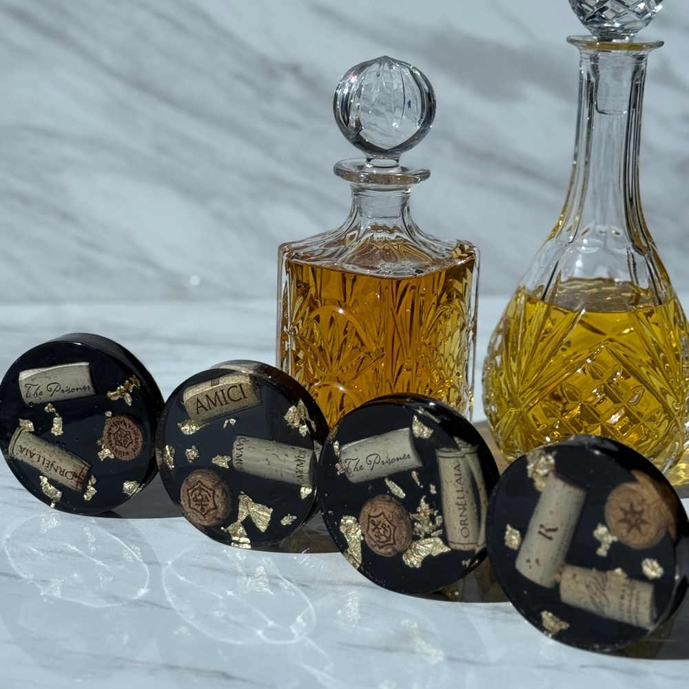Handmade Resin Black and Gold Coasters Set of 4. Featuring high end cork accents